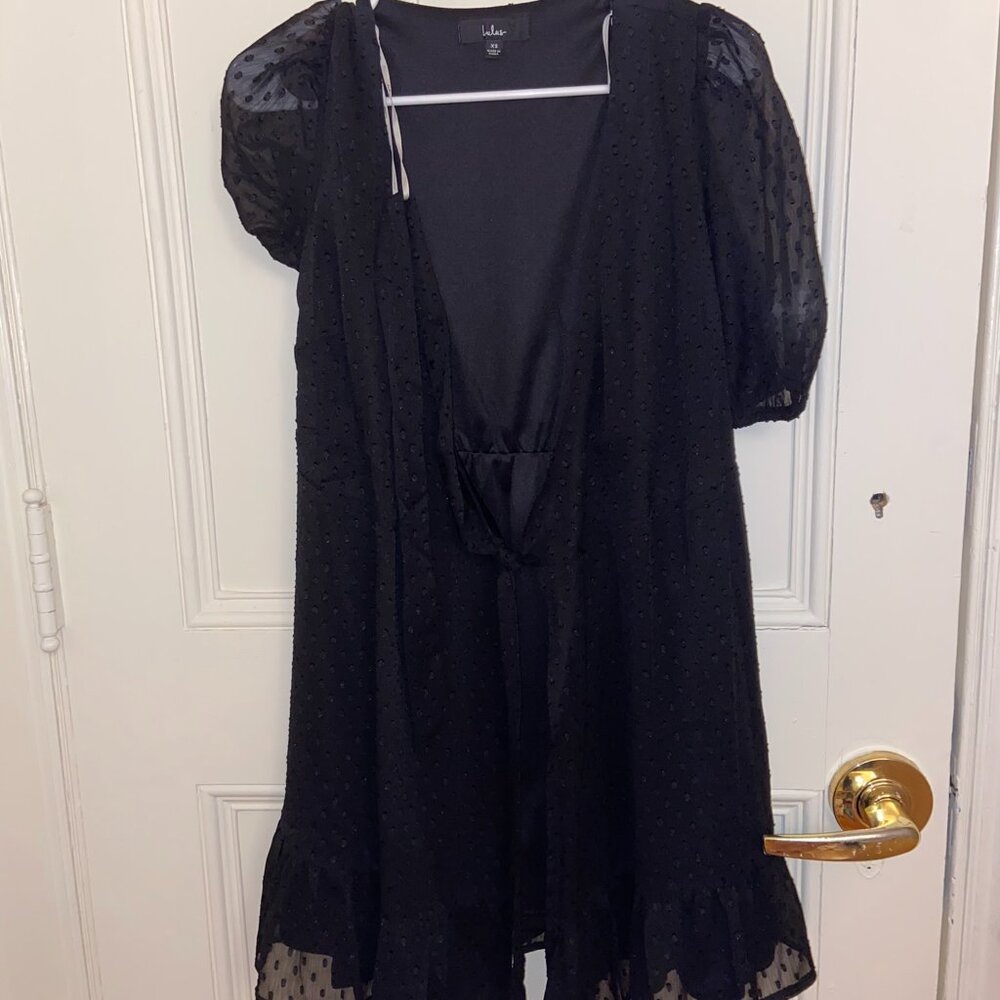 Lulus Sweetly Styled Black Swiss Dot Ruffled Puff Sleeve Wrap Dress
